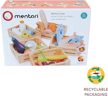 Mentari Toys - Allotment Crate - 6pc Wooden Crate with Vegetable Food Items - Market Pretend Play Toy Food - Play Kitchen Accessories - Imaginative Play Set for Toddlers and Kids - Age 3+