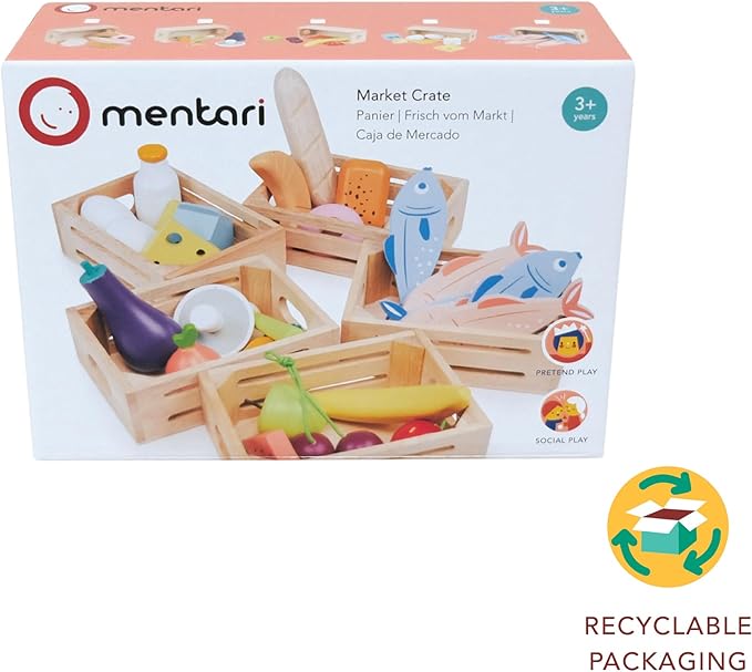 Mentari Toys - Allotment Crate - 6pc Wooden Crate with Vegetable Food Items - Market Pretend Play Toy Food - Play Kitchen Accessories - Imaginative Play Set for Toddlers and Kids - Age 3+