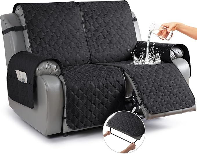 TAOCOCO 100% Waterproof Recliner Covers, Recliner Sofa Covers with Leg Straps, Reversible Recliner Couch Cover for Reclining Chair, Washable Couch Protector for Pets Kids(2 Seater, Black)