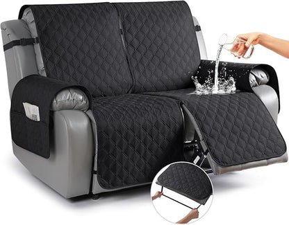 TAOCOCO 100% Waterproof Recliner Covers, Recliner Sofa Covers with Leg Straps, Reversible Recliner Couch Cover for Reclining Chair, Washable Couch Protector for Pets Kids(2 Seater, Black)