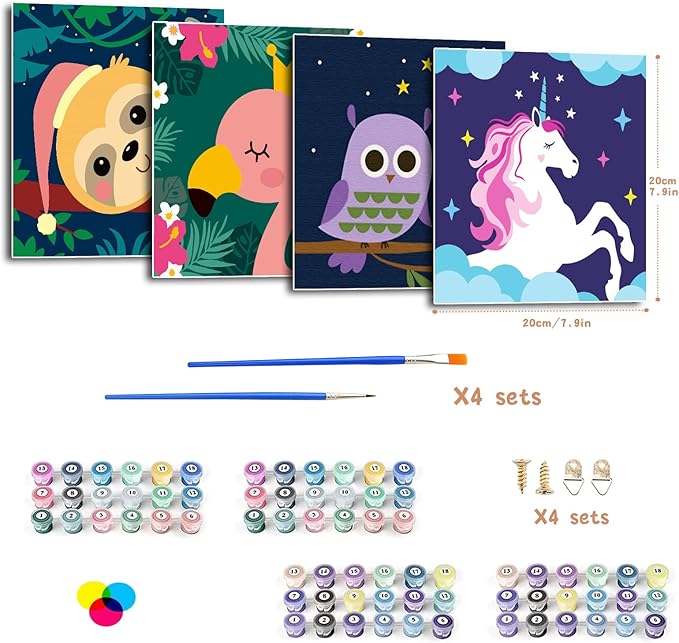 CarlonLin 4 Pack Paint by Number for Kids Framed Canvas, Paint by Numbers for Kids Ages 4-8-12, DIY Paint by Numbers Kits Beginner, DIY Acrylic Oil Painting for Home Wall Decor (8x8inch)