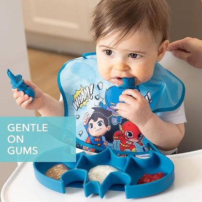 Bumkins Baby Utensils Set, Chewtensils Silicone Spoons for Dipping, Self-Feeding, Baby Led Weaning, Trainer Learning, First Stage Eating, Soft Practice Fork and Spoon, 6 Months, Batman Blue