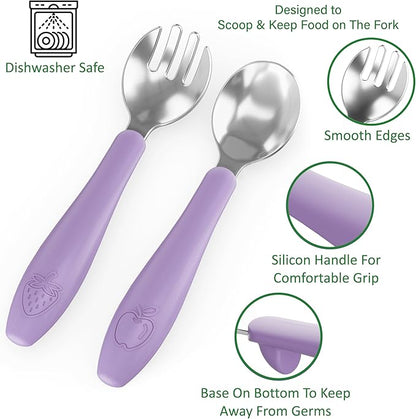 CHILLOUT LIFE Toddler Utensils, Kids Silverware with Silicone Handle, Stainless Steel Metal Toddler Forks and Spoons Safe Baby Cutlery Set for Self Feeding BPA Free Dishwasher Safe