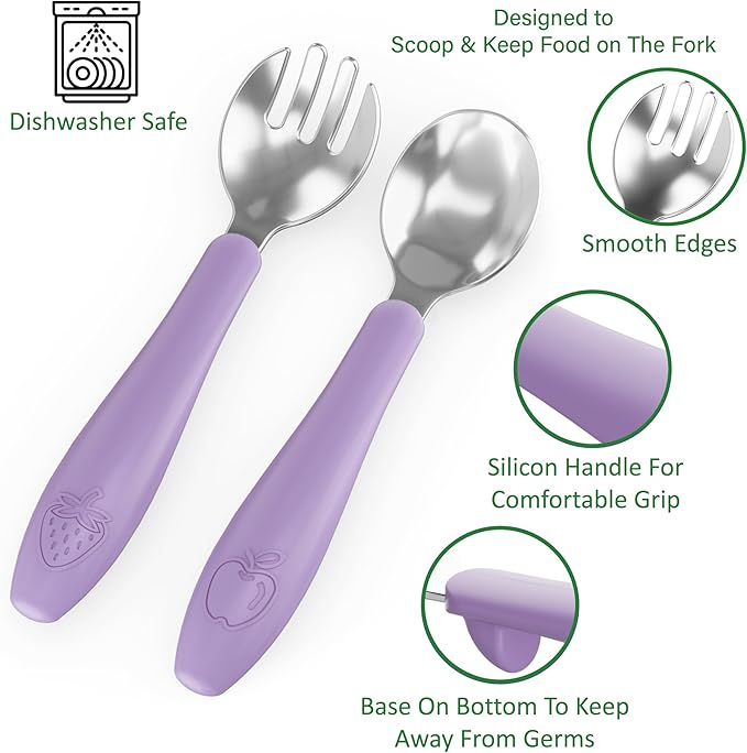 CHILLOUT LIFE Toddler Utensils, Kids Silverware with Silicone Handle, Stainless Steel Metal Toddler Forks and Spoons Safe Baby Cutlery Set for Self Feeding BPA Free Dishwasher Safe