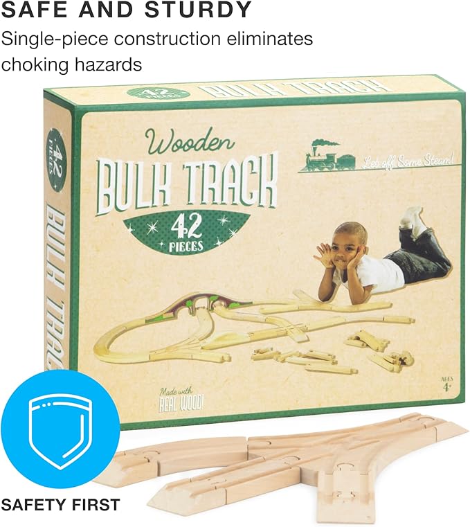 Conductor Carl Wooden Train Track Set, 42 Pieces - Solid Wood Wooden Train Track Accessories Compatible with Most Major Toy Train Brands - Single Piece, Interlocking Wooden Train Tracks