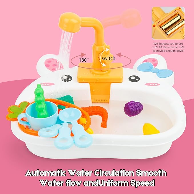 Ruibytree Play Kitchen Sink Toy, Water Toys for Kids with Electronic Dishwasher, Pretend Play Utensils Accessories and Play Cutting Food for Boys and Girls (Rabbit)