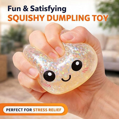 Dumpling Squishies Toy, Giant Glitter Dumpling, Colorful Dumplings Stress Balls Fidget Sensory Toy,Soft Squeeze Decompression Dough with Food Steamer, Stretchy Desk Toys (Pink)
