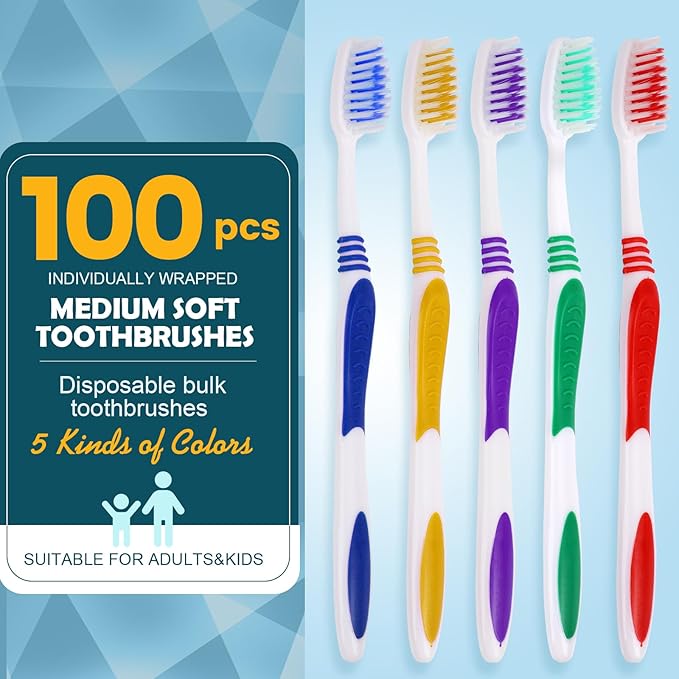 Navona 100 PCS Premium Individually Wrapped Bulk Toothbrush Pack, Disposable Toothbrush, Soft Toothbrush for Adult or Kid, Soft Bristle Toothbrush, Ergonomics Handle, Perfect for Travel,Hotel,Donation