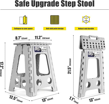 Delxo Folding Step Stool 17.5 Inch,Heavy Duty Step Stools for Adults,Non Slip Folding Stool with Handle,Premium Portable Foldable Step Stool for Kitchen Bathroom Bedroom Up to 400LBS,(Grey,1PC)