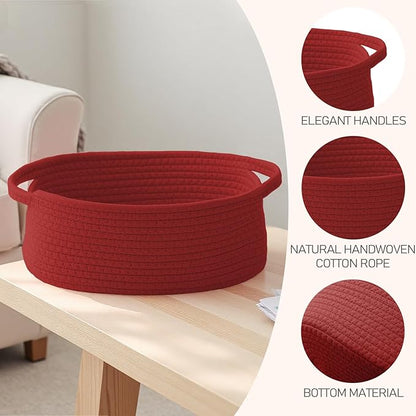 JMvicyroam Woven Basket,Small Rope Storage Bin with Handles & Ribbon Bag, Organizer for Shelves Closets,Gift Basket Empty for Birthday,Books,Dog Toys, Red/2 Pack