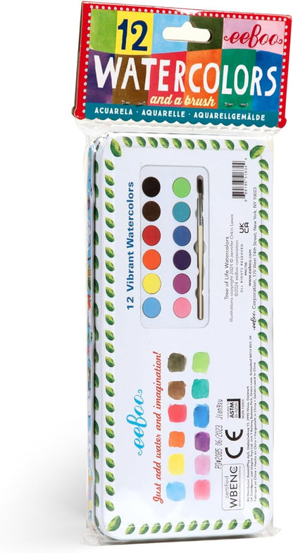 eeBoo: Tree of Life 12 Watercolors - Paint Set w Brush, Beautiful Design Tin Box, 12 Vibrant Colors, Kids Art Supplies, Ages 3+