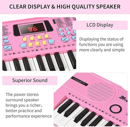 Kids Keyboard 61 Keys, Beginner Electronic Piano with One-Key Teaching 100 Tones & Rhythms, Portable Music Keyboard for Children with Microphone, Music Stand [Pink, Piano Only]