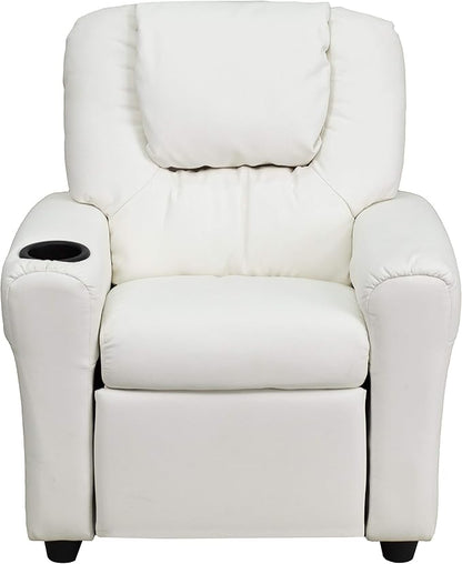 Flash Furniture Vana Vinyl Kids Recliner with Cup Holder, Headrest, and Safety Recline, Contemporary Reclining Chair for Kids, Supports up to 90 lbs., White