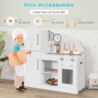 Costzon Kitchen Playset for Kids, Wooden Pretend Cooking Kitchen w/Utensils, Oven, Cabinets, Faucet, Sink & Telephone, Toddlers Play Kitchen Set with Accessories Gift for Age 3+ (White)