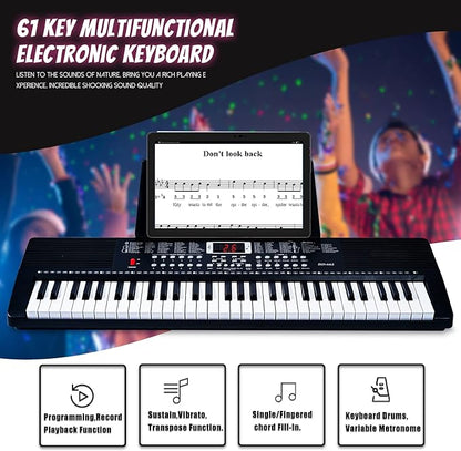 61 Key Keyboard Piano for Beginners with Lighted Keys & Pro Teaching Modes,Includes Stand, Bench, Microphone, Music Stand,70 Demos, 200 Rhythms/Tones, Gift for Beginners
