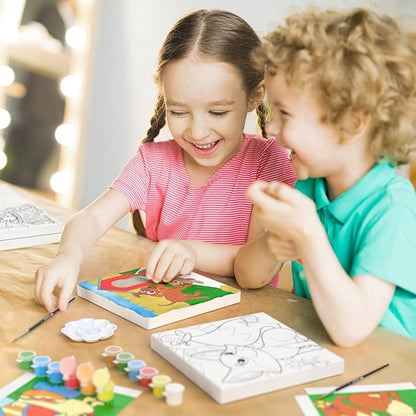 ARTEZA Kids Animals Painting Kit, 4 Canvases 8 x 8 Inches, 24 Acrylic Paints, 4 Paint Brushes, 4 Palettes, Kids Activities Ages 6 and Up