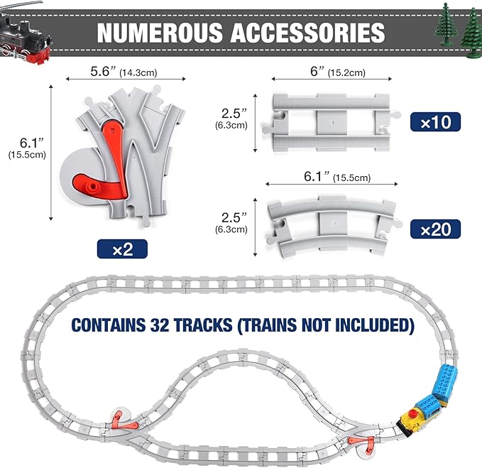 32 Pieces Train Tracks, Classic Railway Track with 20 Curved Tracks, 10 Straight Tracks and 2 Switches Tracks - Compatible with All Major Brands, Toy Track Accessory for Kid, Light Grey