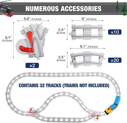 32 Pieces Train Tracks, Classic Railway Track with 20 Curved Tracks, 10 Straight Tracks and 2 Switches Tracks - Compatible with All Major Brands, Toy Track Accessory for Kid, Light Grey