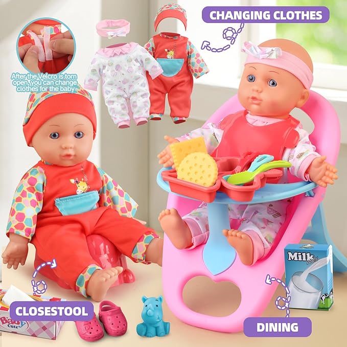 Baby Doll Stroller Set Toys for Girls Toddlers 3-5 4-6 Gifts,Baby Doll Set with 12.5 inch Doll,1 Baby Dining Chair,20 PCS Baby Doll Accessories and 2 Sets Doll Clothes for Realistic Pretend Play
