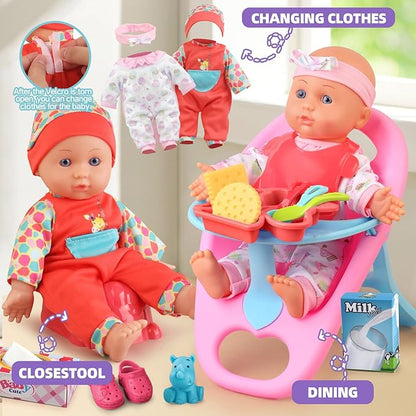 Baby Doll Stroller Set Toys for Girls Toddlers 3-5 4-6 Gifts,Baby Doll Set with 12.5 inch Doll,1 Baby Dining Chair,20 PCS Baby Doll Accessories and 2 Sets Doll Clothes for Realistic Pretend Play