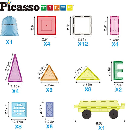 PicassoTiles Magnetic Tiles 61pc Magnet Tile Building Blocks Construction Sensory Toy Set with Storage Carry Case Drawstring Bag STEM Kids Learning Educational Pretend Play Boy Girl Ages 3+ & Up PT05