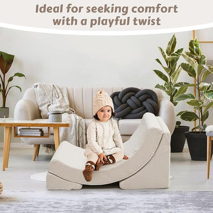 Toddler Chair Comfy Sofa, Adjustable Leg Elevating Pillow Sensory Rocker Foam Chaise Lounge Sofa Bed Comfy Floor Chair Moon Chair Reading Nook Recliner for Bedroom Playroom,Beige