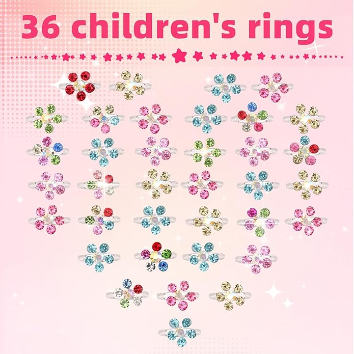 Little Girl Jewel Rings, Adjustable Pink Rings Girls Kids Pretend Play and Dress up Jewelry Set, Cute Rings with Display Case Party Favors Toys Gifts