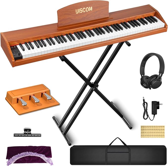 UISCOM 88 Key Digital Piano Keyboard for Beginners - Full Size Semi Weighted Wooden Electric Piano Set with Stand, Triple Pedal, Headphone,Carry Bag - Supports USB-MIDI Connecting (Wood Grain Brown)