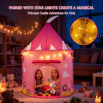 Princess Castle Play Tent for Kids, Girls' Pop-Up Play Tent with Star Lights, Indoor/Outdoor Foldable Pink Play Tent Fabulous Gift for Little Girls