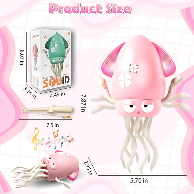 Pbooo Magic Dancing Octopus Toy, Electric Crawling with LED Lights and Music, Rechargeable Music Squid Baby Toy for 3-6 Year Olds, Tummy Time and Toddler Walking Toy, Birthday Gift, Light Pink