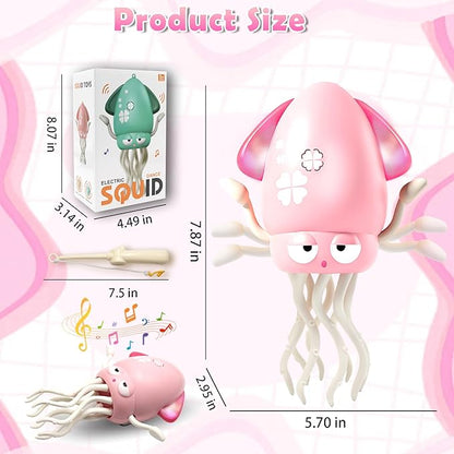 Pbooo Magic Dancing Octopus Toy, Electric Crawling with LED Lights and Music, Rechargeable Music Squid Baby Toy for 3-6 Year Olds, Tummy Time and Toddler Walking Toy, Birthday Gift, Light Pink