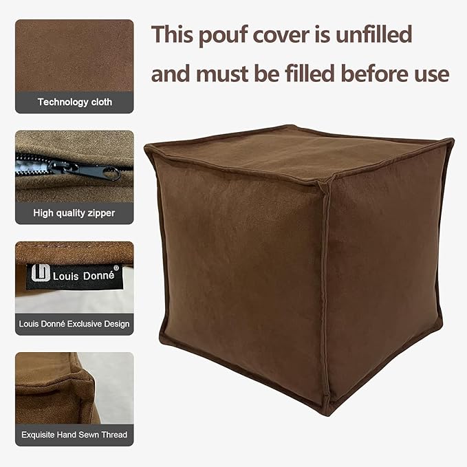 Louis Donné Square Unstuffed Pouf Ottoman Cover Foot Stool Poofy Ottomans Foot Rest small bean bag for Living room Decoration Floor Cushion Storage washable Brown microfaber Fabric(only Cover)NoFiller