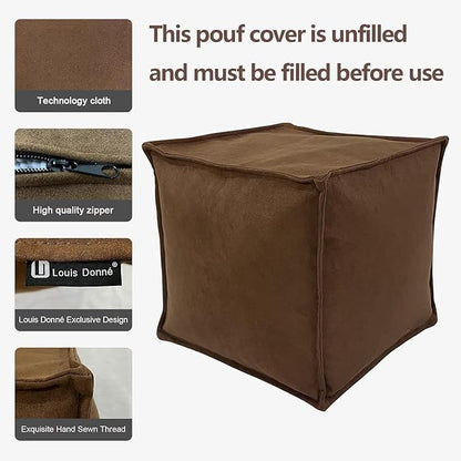 Louis Donné Square Unstuffed Pouf Ottoman Cover Foot Stool Poofy Ottomans Foot Rest small bean bag for Living room Decoration Floor Cushion Storage washable Brown microfaber Fabric(only Cover)NoFiller