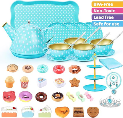 Tea Party Set for Little Girls, 49PCS Princess Tea Time Toys Including Tea Set Dessert Carrying Case, Kids Kitchen Pretend Playset (Bunny Tea Party Set Blue)