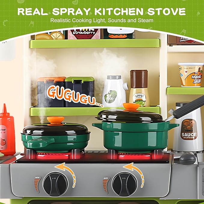 Kids Kitchen Playset, IRIMMY Kitchen Set for Toddler w/Realistic Cooking Light, Sounds, Steam, Sink, and Toy Kitchen Accessories, Pretend Kitchen Toys for Kids Girls Boys, Green