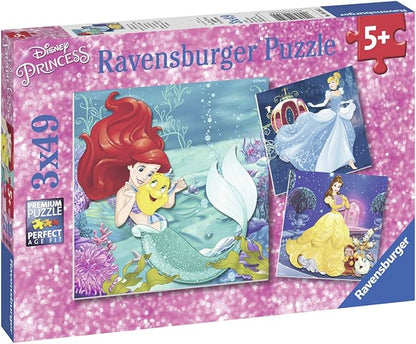 Ravensburger Disney Princesses Puzzle Set | 3 x 49-Piece Jigsaw Puzzles | Unique Piece Design | Fosters Brain Development in Kids | FSC Certified Materials