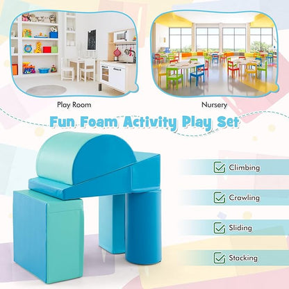 HONEY JOY 5-Piece Climb and Crawl Playset, Soft Climbing Foam Block Activity Play Structure Gym Equipment for Infant Baby, Color Coordination, Waterproof Indoor Climbing Toys for Toddlers (Blue)