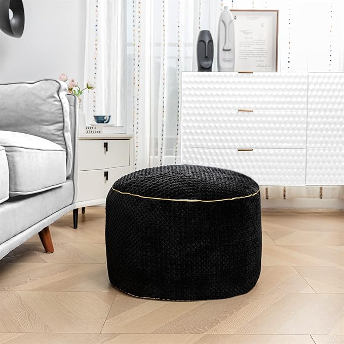 Round Stuffed Pouf Ottoman 20x20x12 Inches Faux Fur Ottoman Foot Rest Under Desk Foot Stool Great for Living Room Bedroom Small Furniture (Black)