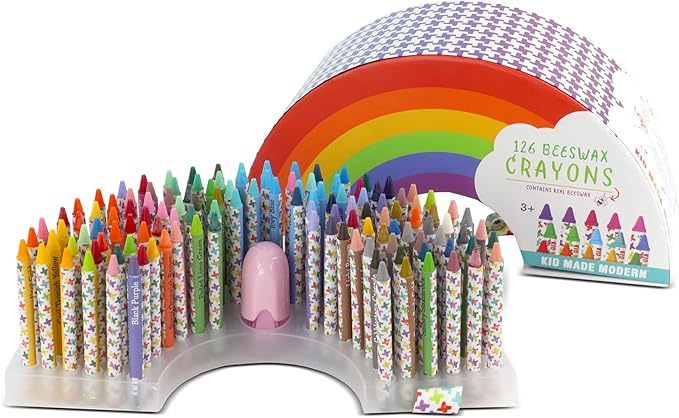 Kid Made Modern Rainbow Beeswax Crayons for Toddlers & Kids Ages 3 4 5 6 7 8+ (126 Pieces) - Coloring Non Toxic Art Supplies with Box & Sharpener