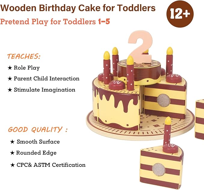 Pretend Play Food for Toddlers 1-3,Wooden Birthday Fake Cake with Candles and Numbers,Tea Party Learning Kitchen Gift Toys for Boys Girls (Chocolate Cake)