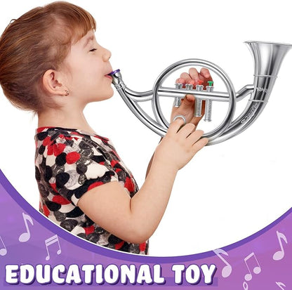 Lewtemi Silver Horn Musical Instruments Toy for Kid Toddler Fake Plastic Preschool Music Toy Gift Portable Wind Instrument Early Educational Teaching Songs Gifts for Toddlers Children