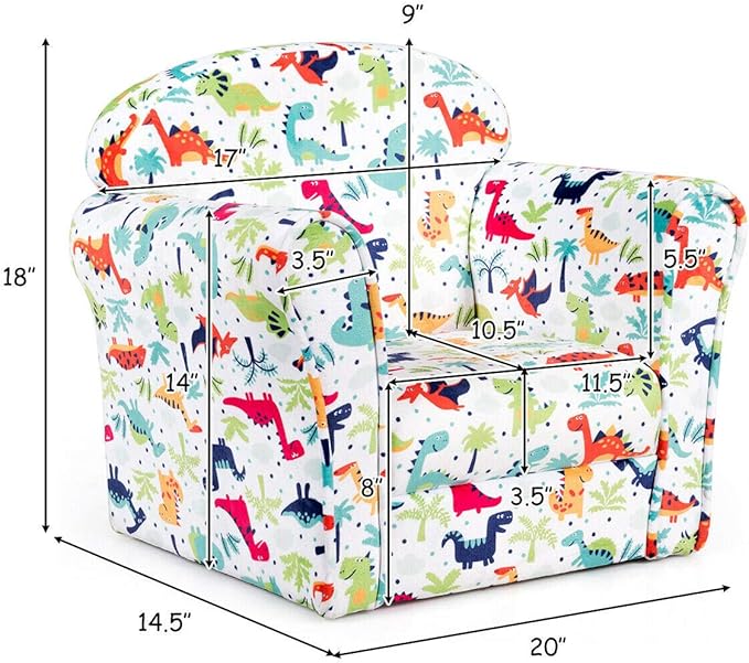 Costzon Kids Couch, Children's Sofa Armrest Chair with Pattern, Toddler Furniture w/Sturdy Wood Construction, Preschool, Lightweight Children Couch Sofa Chair for Aged 1-5 Boys & Girls Gifts, Dinosaur