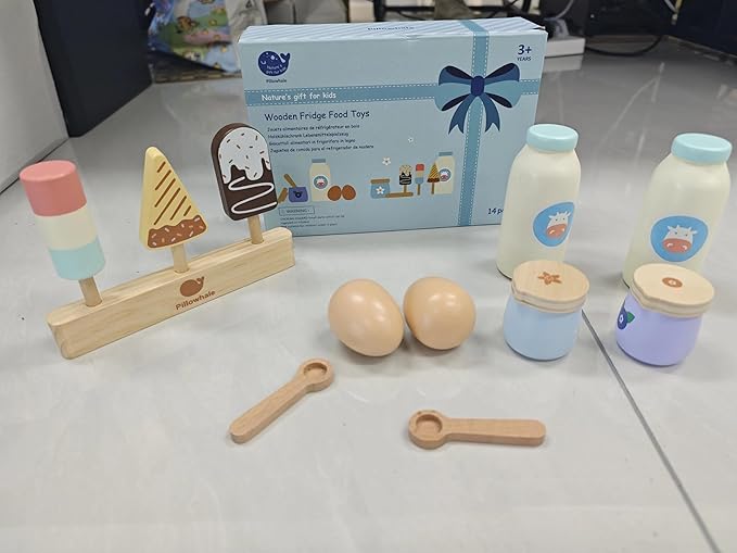 Pillowahle Wooden Play Food for Toddler 3+ Year Old, Kid Toy Food, Pretend Food with Milk Yogurt Egg Ice Cream Toy, Kids Play Kitchen Accessories, Gift for Boys Girls