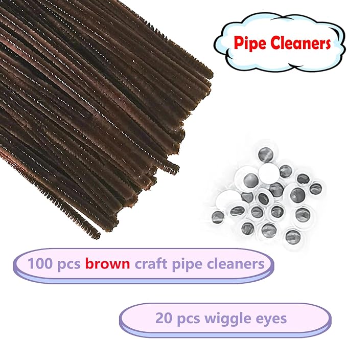 Cldamecy 100 pcs Brown Pipe Cleaners with 20 pcs Googly Eyes,Chenille Stems for Craft Project,Craft Pipe Cleaners for DIY Projects,Arts and Holiday Decoration