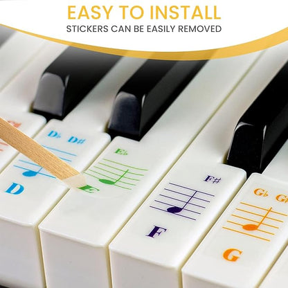 QMG Color Piano and Keyboard Stickers and Complete Color Note Piano Music Lesson and Guide Book for Kids and Beginners; Designed and Printed in USA