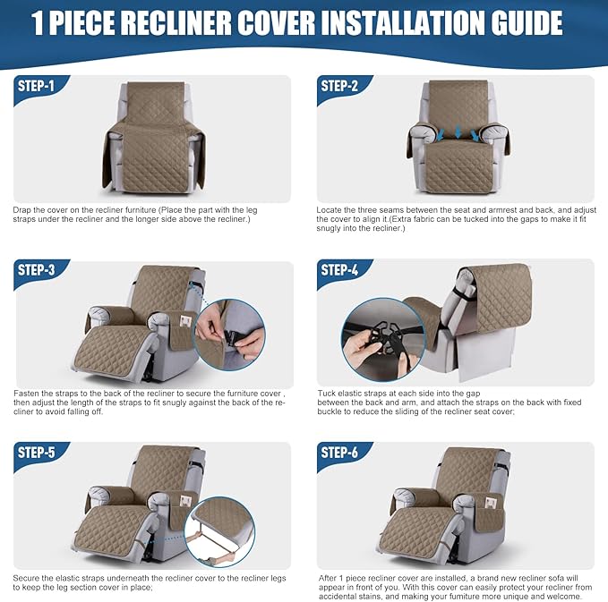 TAOCOCO 100% Waterproof Recliner Covers, Recliner Sofa Covers with Leg Straps, Reversible Recliner Couch Cover for Reclining Chair, Washable Couch Protector for Pets Kids(1 Seater 22", Khaki)