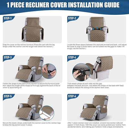 TAOCOCO 100% Waterproof Recliner Covers, Recliner Sofa Covers with Leg Straps, Reversible Recliner Couch Cover for Reclining Chair, Washable Couch Protector for Pets Kids(1 Seater 22", Khaki)
