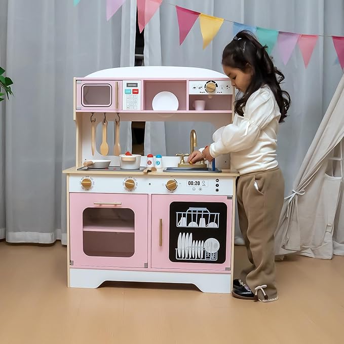 Garsing Toy Kitchen Playset with Real Sounds and Lights, Double Sided Kids Kitchen Playset with Restaurant, Wooden Play Kitchen with Cutting Food Set and Cooking Accessories for Kids Ages 3-8, Pink