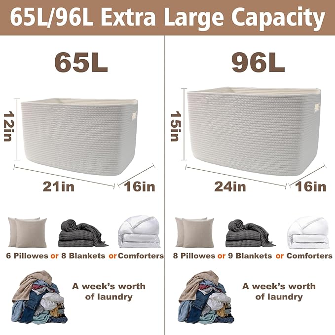 JMvicyroam Woven Blanket Basket,96L Large Storage Bin for Blankets Toys Clothes,Decorative Rope Basket for Living Room Bedroom with Handles, White