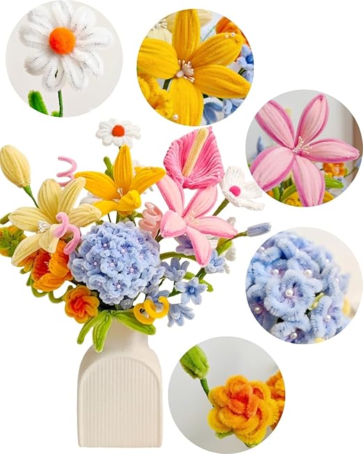 500 Pcs Dopamine Colors Pipe Cleaners Flower kit,Chenille Stems for DIY Art Projects Creative Gift,Pipe Cleaners Craft with tutoria,Pearls,Pompoms,Green Floral Wires,Gardening Tape,Stamen
